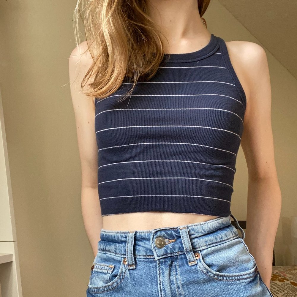 Everlane Pima Micro-Rib Short Tank in Navy White Stripe
